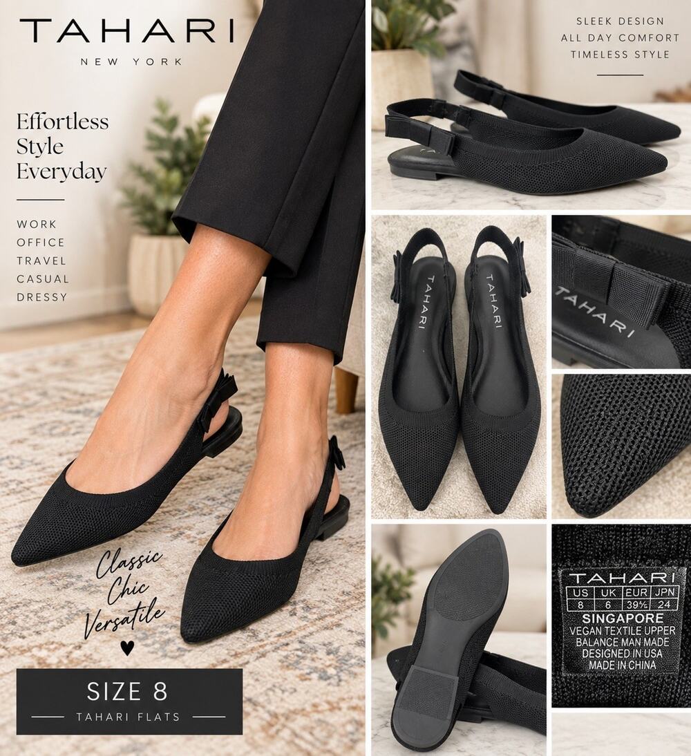🆕Tahari Women’s Black Knit Textile Pointed Toe Slingback Bow Flats size 8 NEW